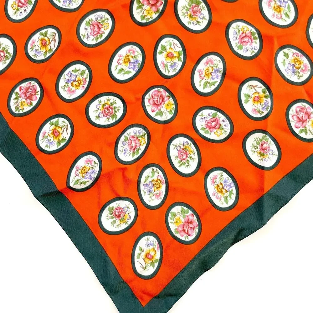 Vintage Square Scarf Orange Green Retro Cameo Floral Medallion Print Old Money